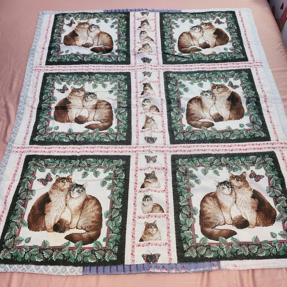 Handmade Cat Quilt Throw Blanket Patchwork Unique‎ Design Cozy Soft - Picture 2 of 7